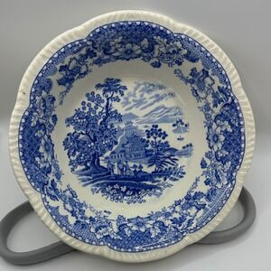 Woods Burslem Seaforth Blue White Transferware Bowl Scalloped England Vintage